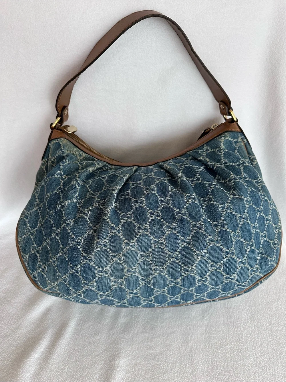 Gucci Blue Denim Monogram Shoulder Bag with Brown Leather Trim - Picture 4 of 9